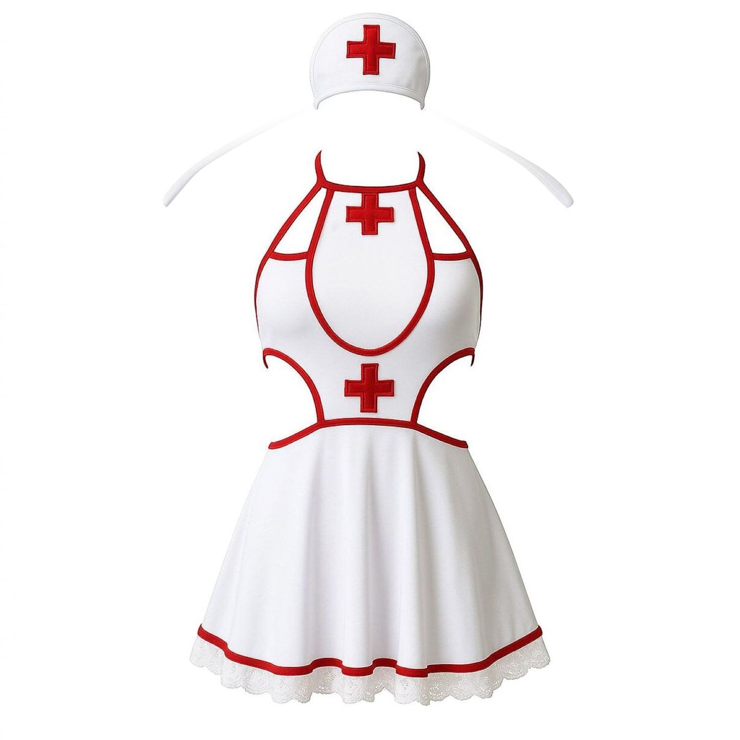 White nurse costume dress with red trim and red cross details, shown on a hanger against a plain white background.