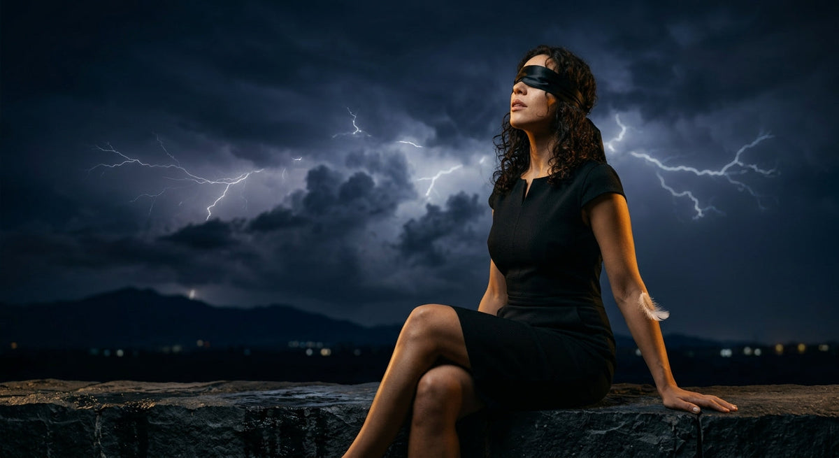Cinematic portrait of a blindfolded woman in a black dress sitting on a stone ledge under a stormy lightning sky with a soft white feather on her arm, illustrating sensory play and the neurobiology of sexual arousal.
