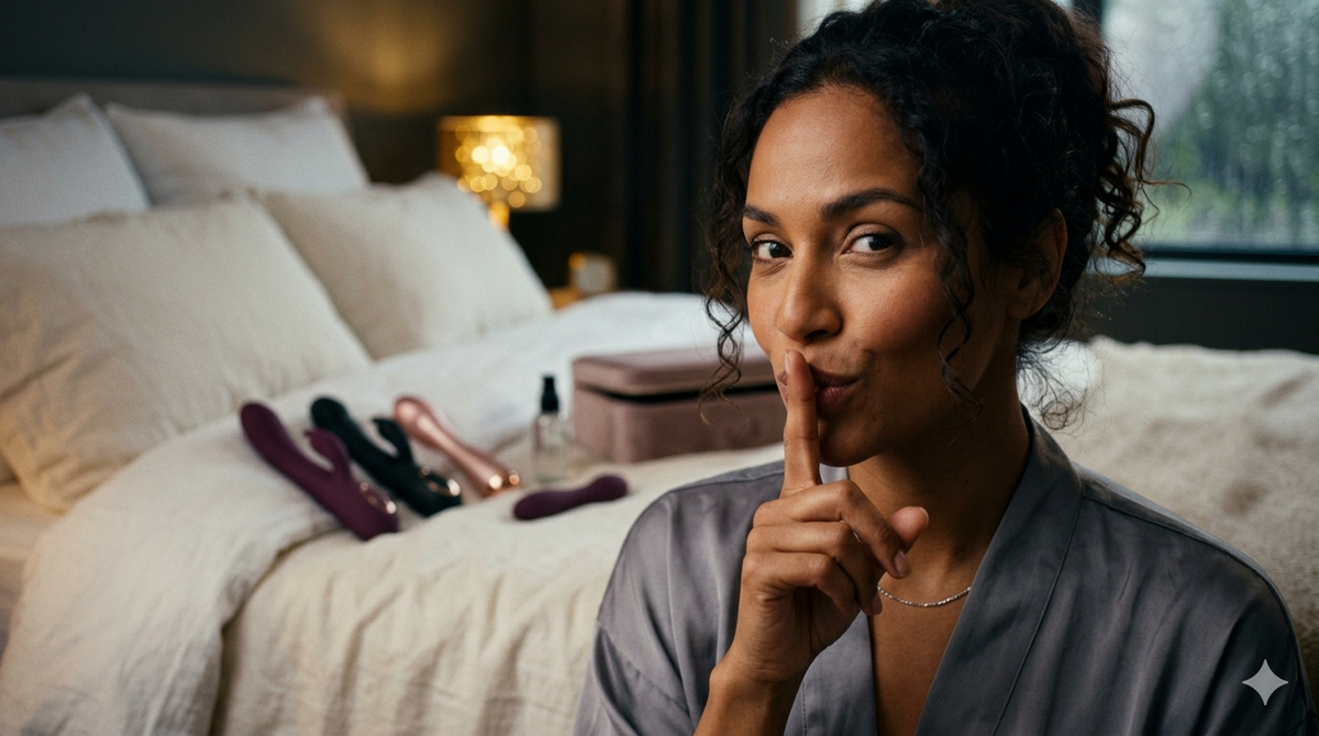 Woman making a shushing gesture for silence with a bed and discreet sex toys in the background, representing secret pleasure by PlayLoveToys.