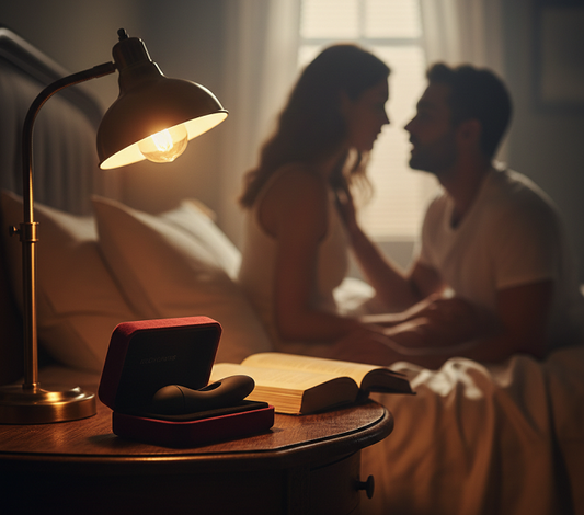 Elegant minimalist black vibrator on bedside table, Couple embracing in a dimly lit bedroom, Silk sheets and warm lighting intimacy