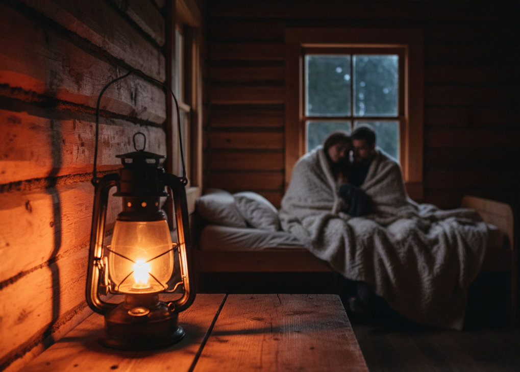 Couple embracing under a wool blanket by lamplight