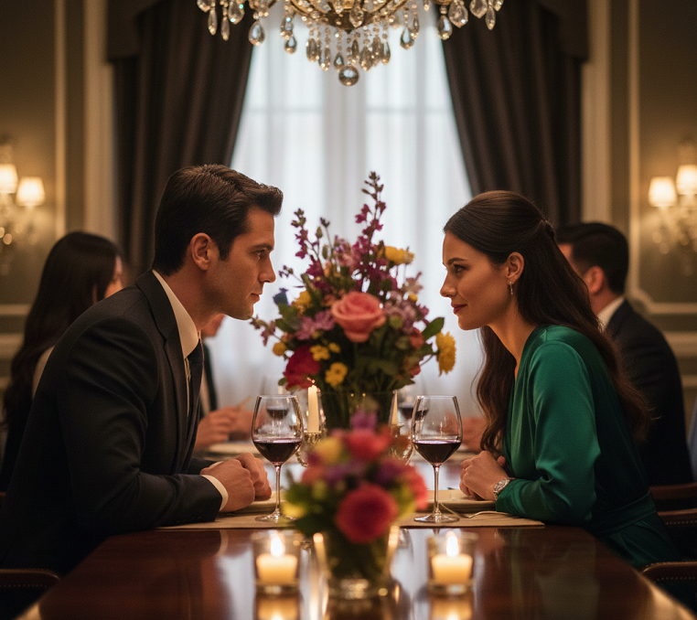 Couple sharing intense eye contact at a formal dinner