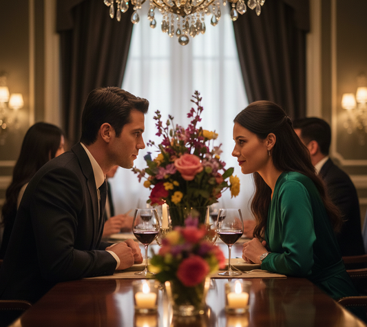 Couple sharing intense eye contact at a formal dinner