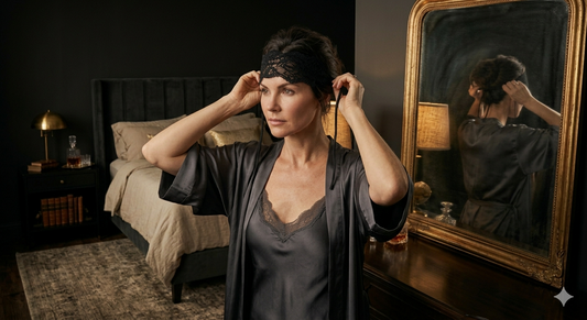 Luxury intimacy exploration: A woman prepares for a sensory ritual with a lace eye mask and silk lingerie in a high-end interior setting.