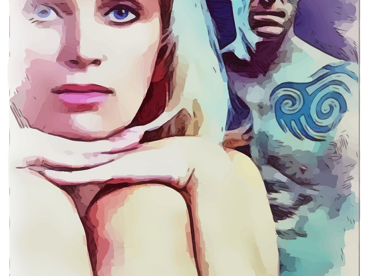 Pop-art style illustration in pink, blue, and purple tones, showing a woman's face leaning on her hands in the foreground and a man with tribal tattoos in the background.