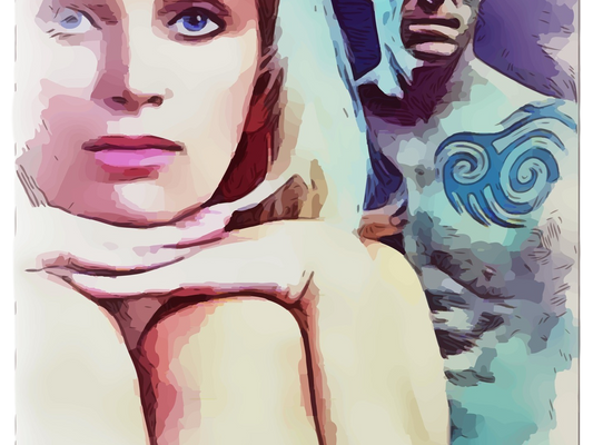 Pop-art style illustration in pink, blue, and purple tones, showing a woman's face leaning on her hands in the foreground and a man with tribal tattoos in the background.