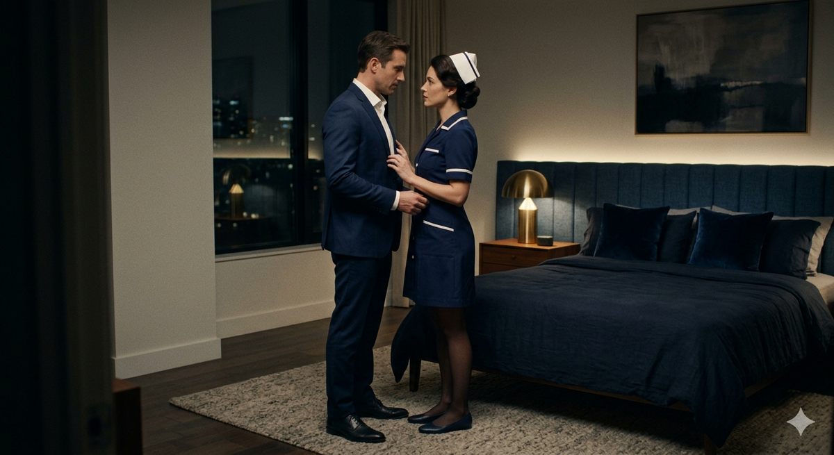 A man in a suit and a woman in a nurse uniform stand close in a dimly lit, elegant bedroom, capturing the tension and intimacy of erotic roleplay.