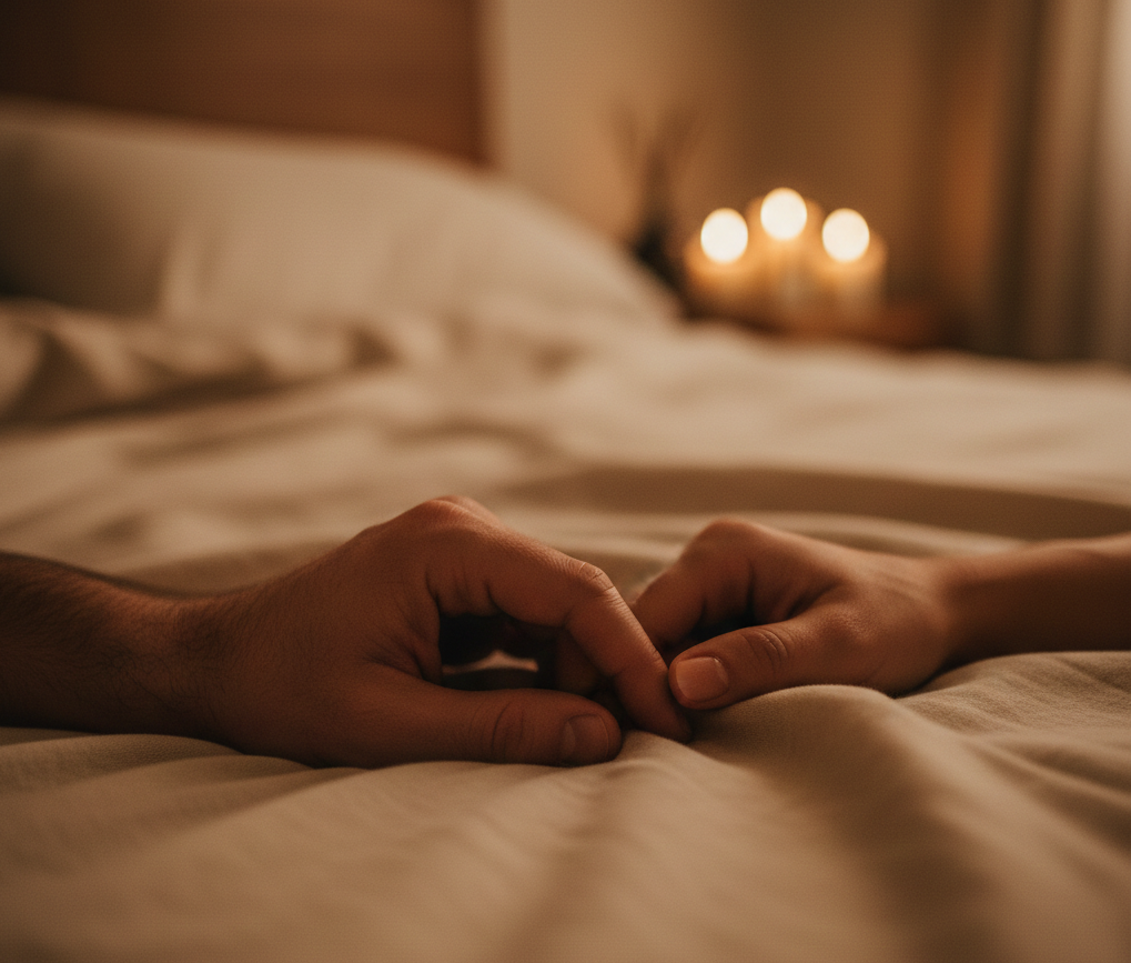 Soft focus of a woman's hand on a man's back