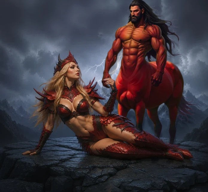 Digital fantasy illustration of a blonde warrior woman in red dragon-scale armor holding hands with a muscular centaur under a stormy lightning sky