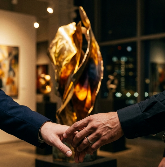 Close-up of two elegantly dressed men holding hands in a dimly lit modern art gallery. In the background, a large abstract bronze sculpture glows under spotlights, and city lights are visible through floor-to-ceiling windows.
