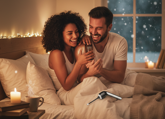 Close-up of a couple's hands touching in dark, cozy lighting. Focus on using Warming Lubes for intimate winter pleasure.