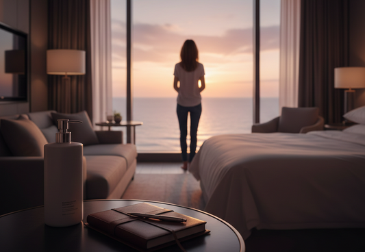 Woman looking at her reflection in a hotel bathroom mirror