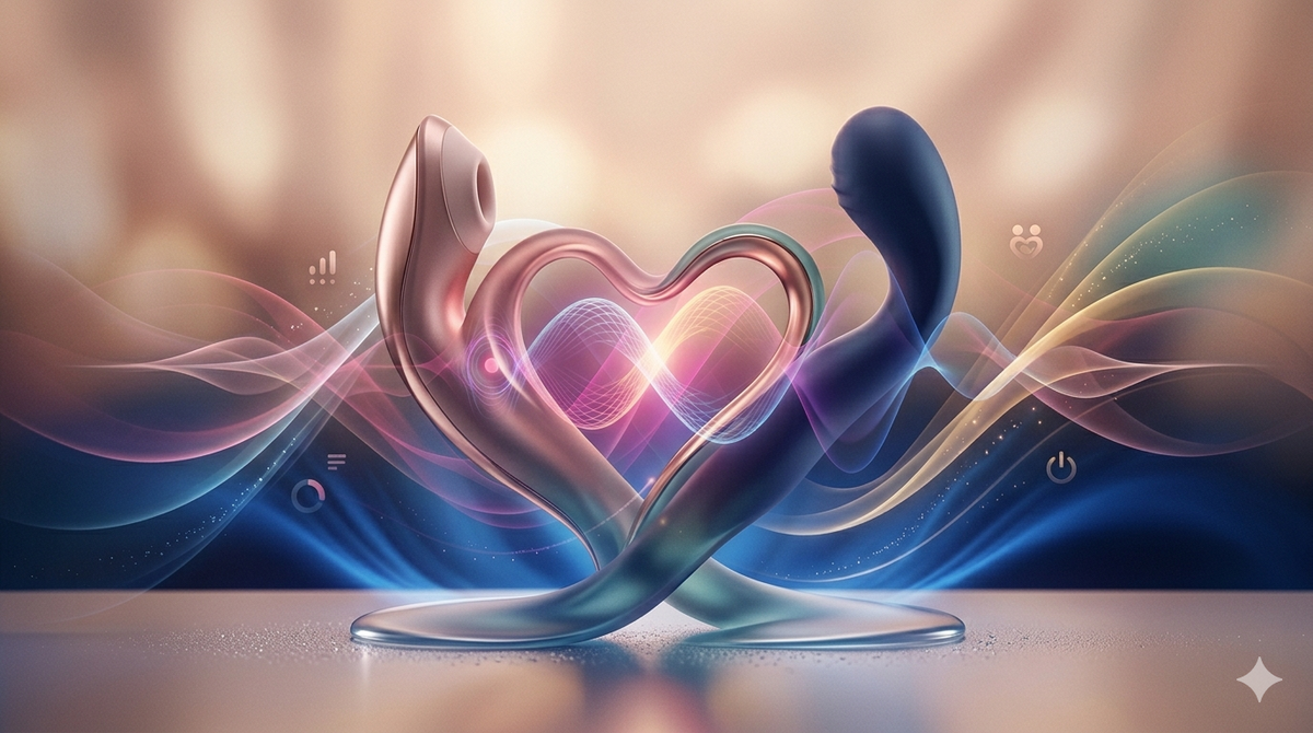 Abstract intimate wellness duos featuring energy waves and stylized pleasure tools for resonance and body-safe connection by PlayLoveToys.