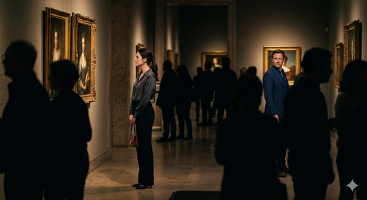the woman as visible, stopped before a single artwork, while the rest of the patrons are rendered in deep, dark silhouettes