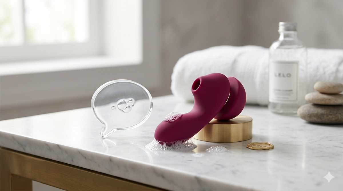 Award-winning LELO sex toys featuring a speech bubble icon and soap bubbles to illustrate a sex toy FAQ guide for hygiene and care.