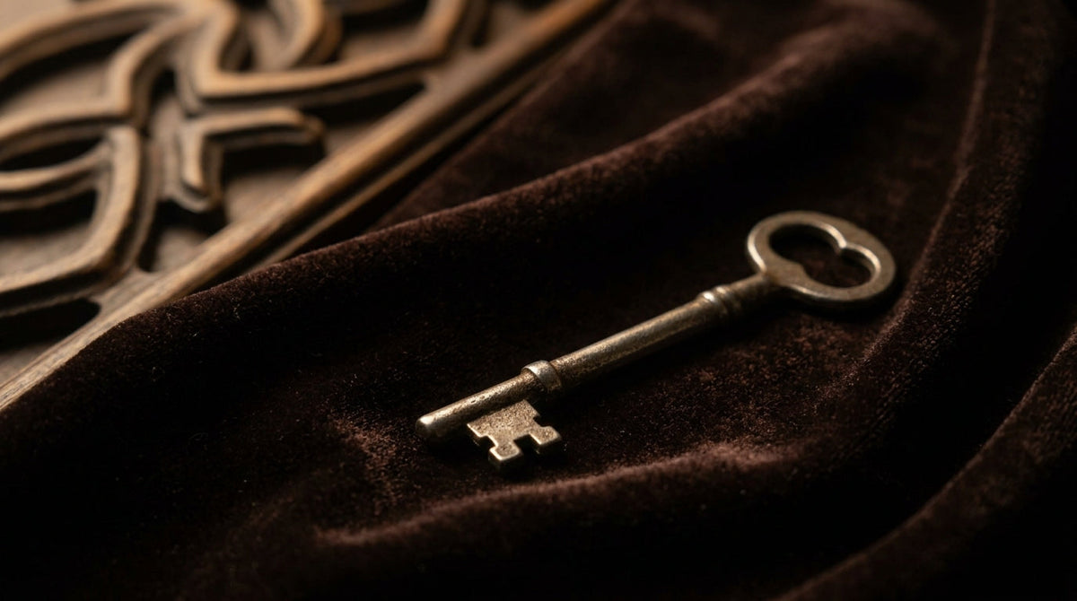 A fine art macro photograph of an antique metal key resting on folded dark velvet, symbolizing unspoken fantasies, trust, and secret desires.