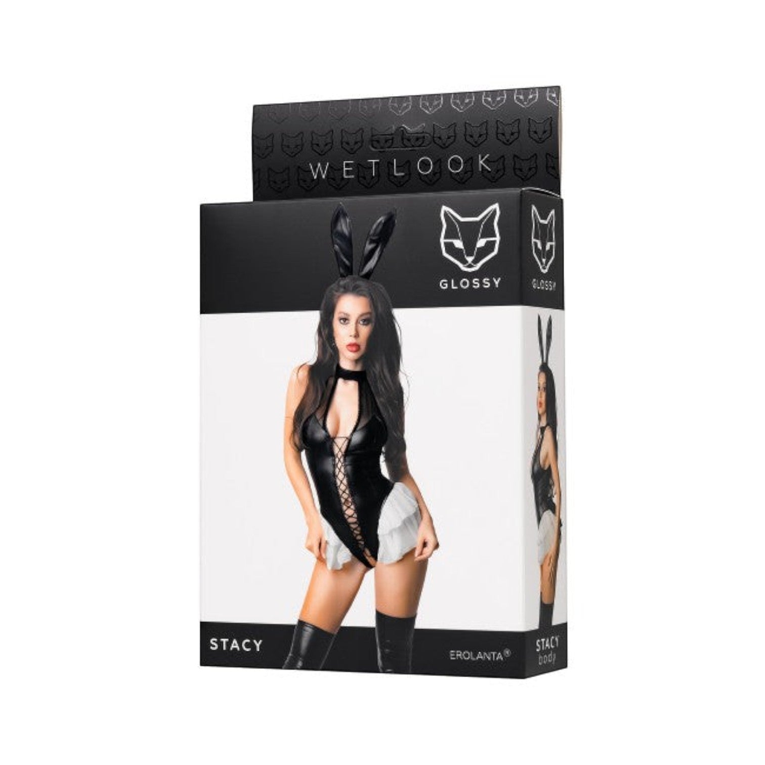 Wetlook Glossy bunny costume packaging for Stacy, featuring a model in a black faux-leather bunny outfit with white shorts and black thigh-high boots on a white and black box.