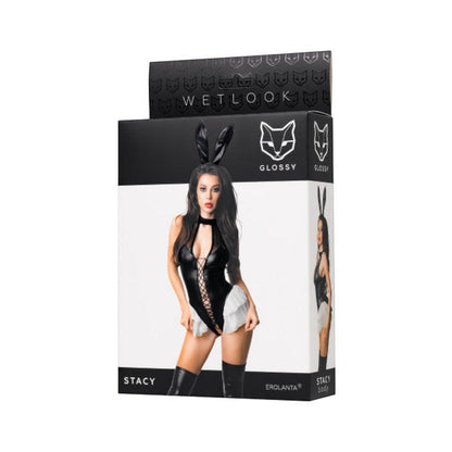 Wetlook Glossy bunny costume packaging for Stacy, featuring a model in a black faux-leather bunny outfit with white shorts and black thigh-high boots on a white and black box.