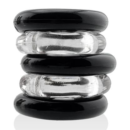 JACKER 5-STACK five-pack tube super-strong  cockrings CLEAR/BLACK