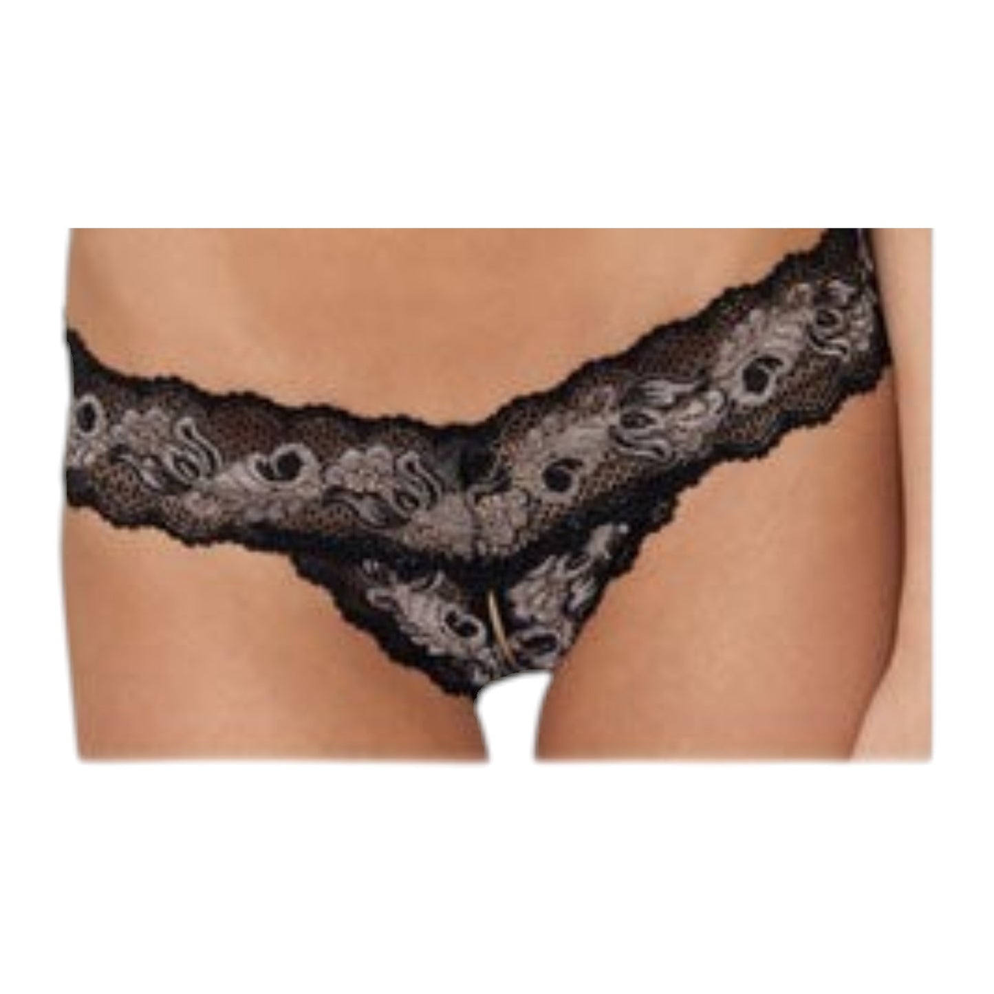 Tanga V de encaje negro crotchless de PlayLoveToys con patrón floral detallado y diseño seductor