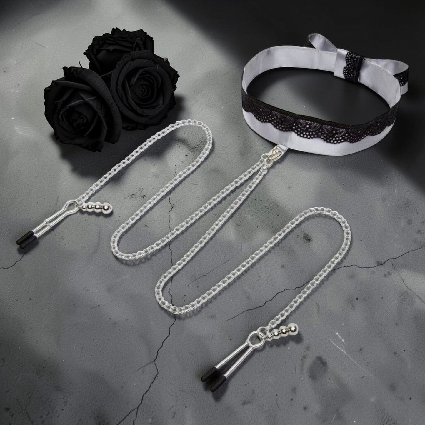 Fifty Shades of Grey Play Nice - Satin Collar With Lace Trim & Adjustable Nipple Clamps