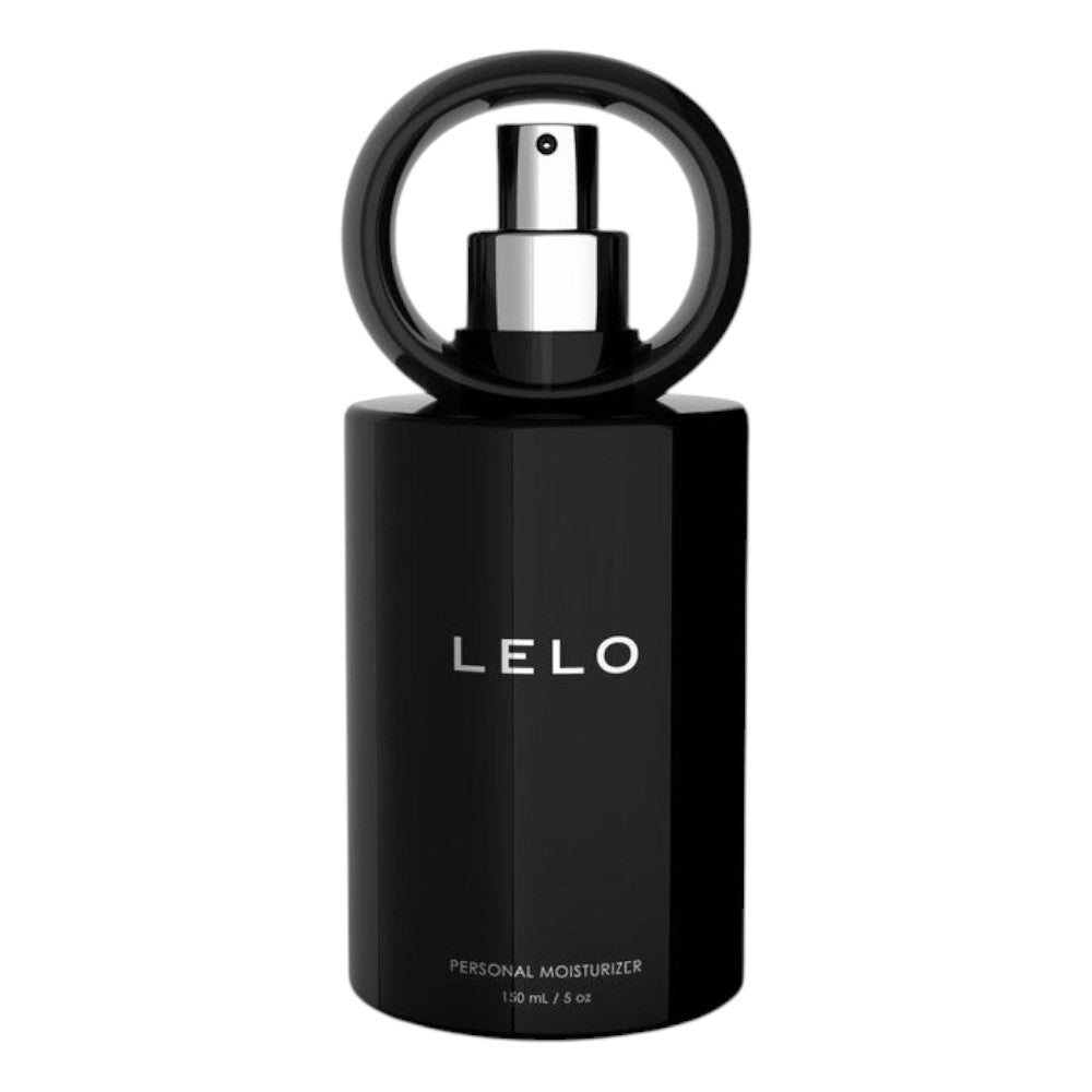 LELO Personal Moisturizer 150 ml black bottle with a distinctive circular black cap and silver spray nozzle, shown on a plain white background.