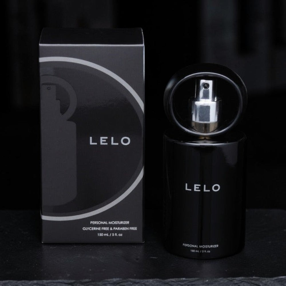 LELO personal moisturizer 150 mL bottle and its black packaging box, displayed on a dark surface against a black background.