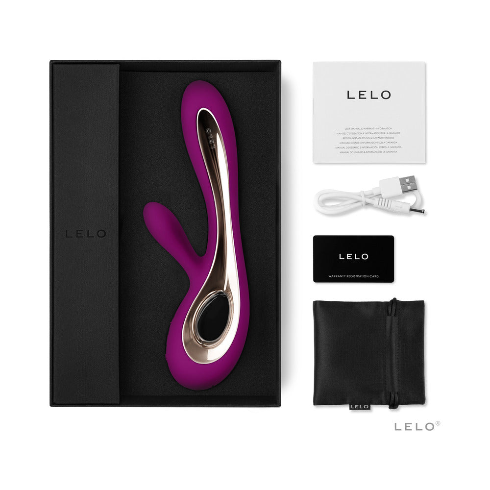 Purple and silver LELO SORAYA 2 - Dual Stimulation Rabbit Vibrator product with packaging and accessories on a white background
