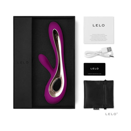 Purple and silver LELO SORAYA 2 - Dual Stimulation Rabbit Vibrator product with packaging and accessories on a white background