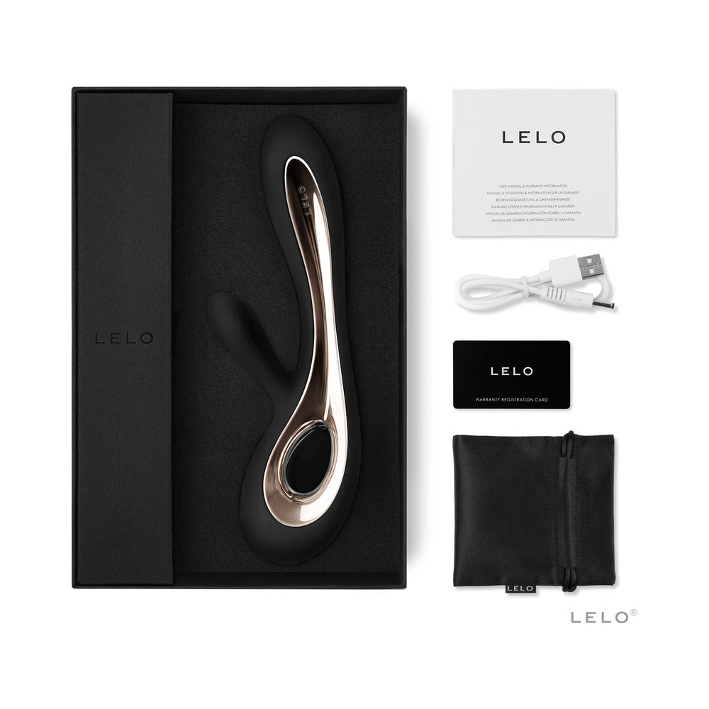 LELO SORAYA 2 - Dual Stimulation Rabbit Vibrator product with packaging, USB cable, and user manual on a white background