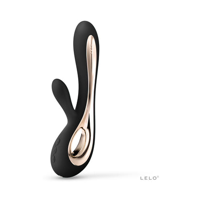 Black and rose gold LELO SORAYA 2 - Dual Stimulation Rabbit Vibrator device with 'LELO' branding on a white background