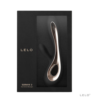 LELO Soraya 2 dual action massager in its black retail packaging, featuring a sleek metallic rose gold curved design visible through a clear window on a white background.