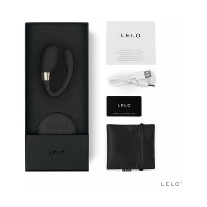 LELO TIANI 3 product packaging with black device, USB cable, and user manual on a white background