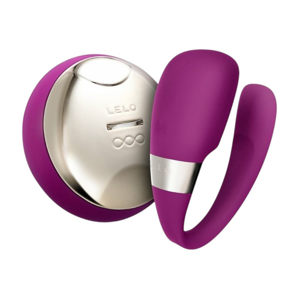LELO TIANI 3 personal massager in purple with a silver metallic interior and matching charging case, shown on a clean white background.