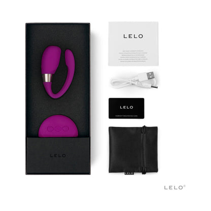 LELO TIANI 3 product set with purple device, black pouch, and USB cable on a white background
