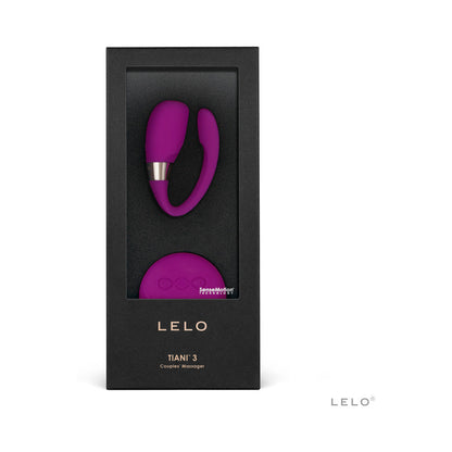 Purple couples massage toy in black Lelo TIANI 3 packaging on a white background