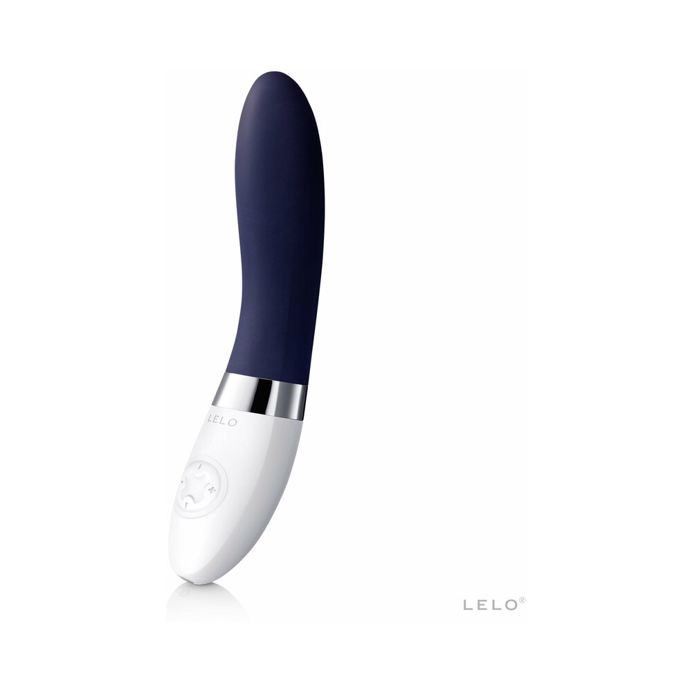 LELO LIV 2 wand massager in navy blue and white, shown from a side profile view on a clean white background with a subtle reflection.