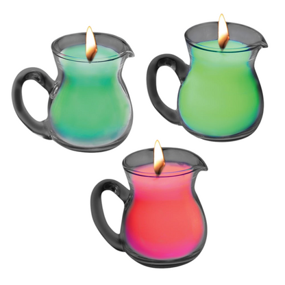 Set de 3 velas de cera Master Series de PlayLoveToys en colores neón verde y rojo, reactivas a luz negra para wax play.