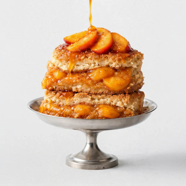 Stack of peach cobbler dessert on a silver stand with a white background