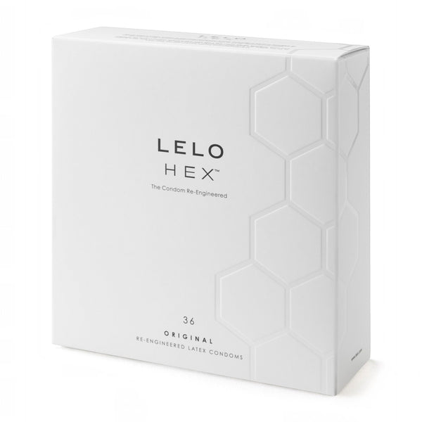 A white rectangular product box for LELO HEX condoms, featuring a subtle embossed hexagonal pattern on the right side and black text on the front, photographed on a clean white background.