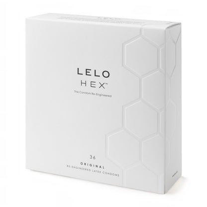 A white rectangular product box for LELO HEX condoms, featuring a subtle embossed hexagonal pattern on the right side and black text on the front, photographed on a clean white background.