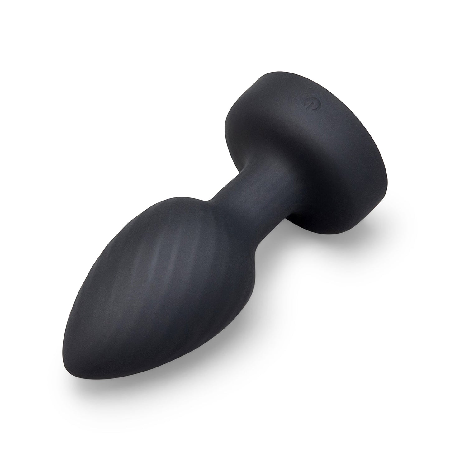 Black silicone butt plug on a white background