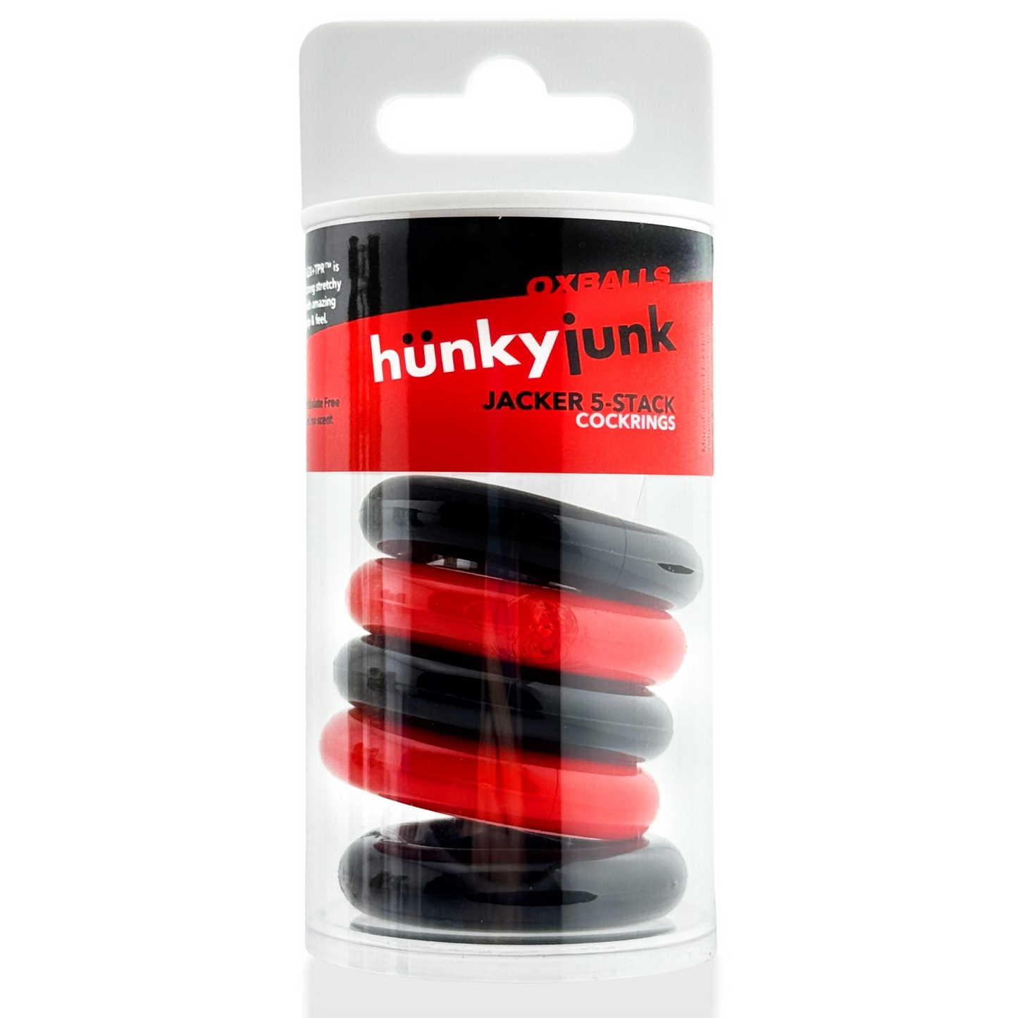 JACKER 5-STACK five-pack tube super-strong  cockrings RED/BLACK