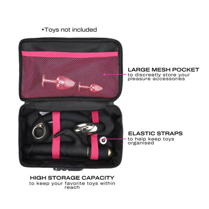 Black carrying case with pink mesh pocket and elastic straps, containing toys, on a white background.