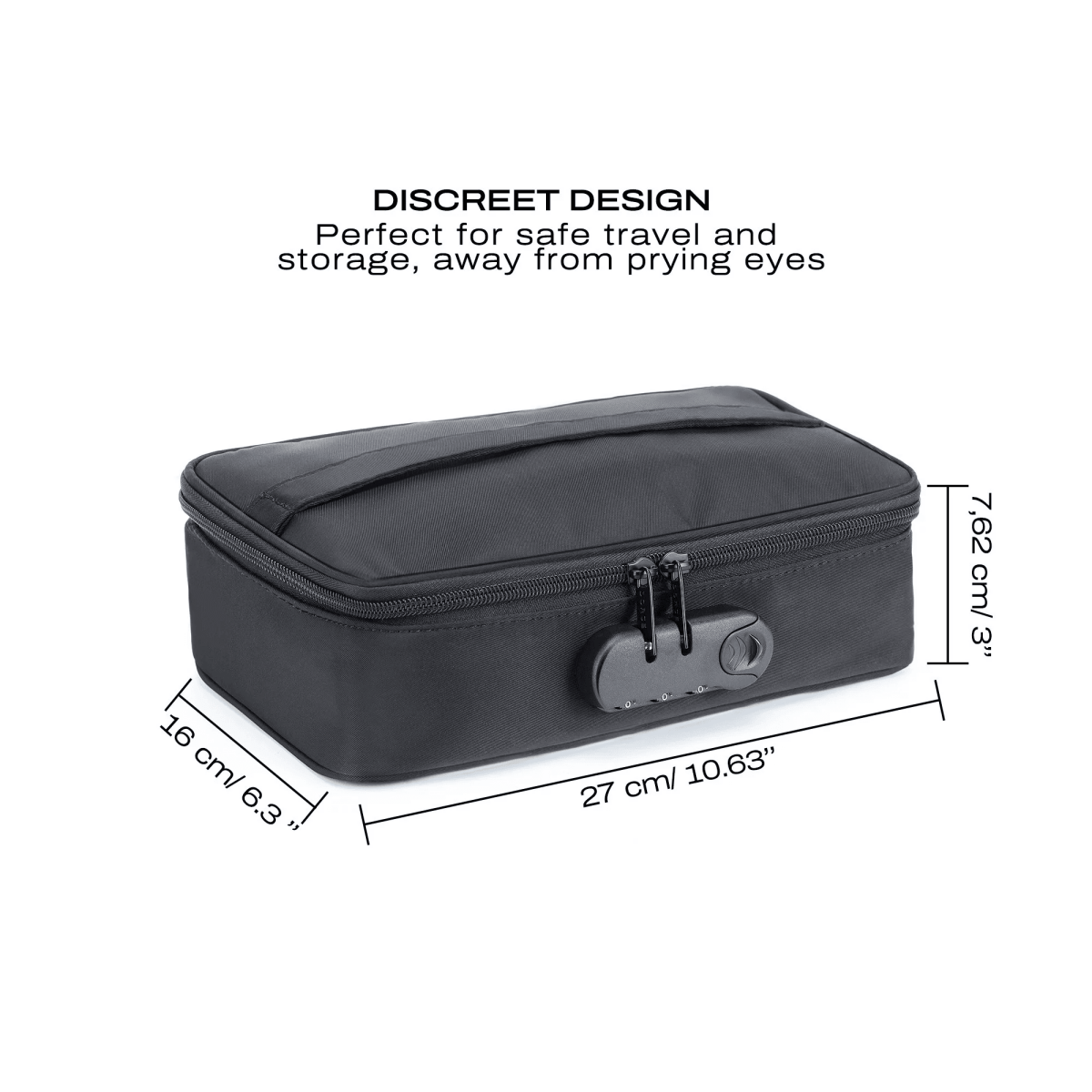 Black toiletry bag with dimensions and text about discreet design on a white background