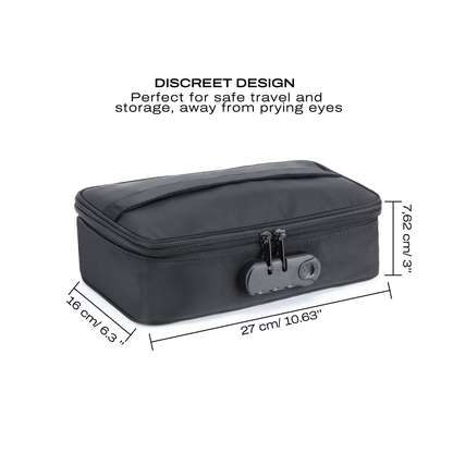 Black toiletry bag with dimensions and text about discreet design on a white background