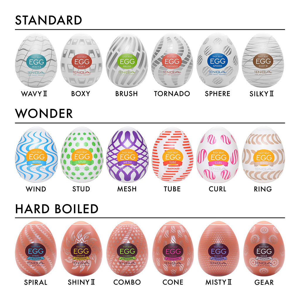 Collection of EGG products with various designs and textures on a white background