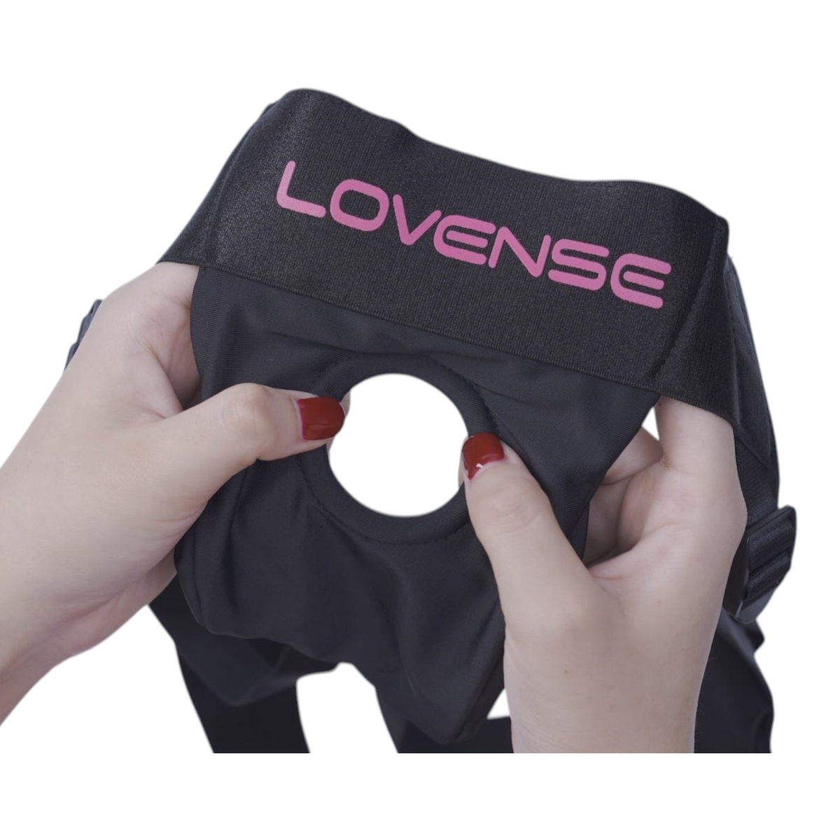 Arnés strapless negro Lovense Lapis de PlayLoveToys con logo rosa, diseñado para un ajuste seguro y cómodo.