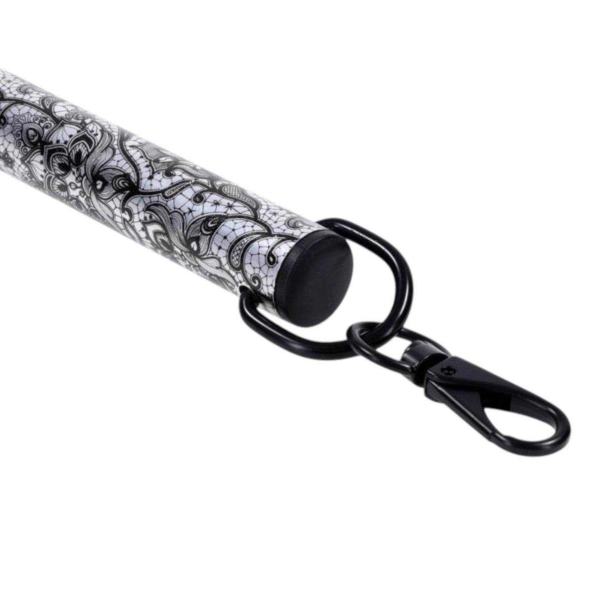 Barra separadora PlayLoveToys de aluminio con diseño de encaje negro y plateado y ganchos de seguridad