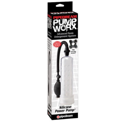 Sistema de agrandamiento Pump Worx de PlayLoveToys con cilindro transparente, bomba manual negra y anillo de pene.